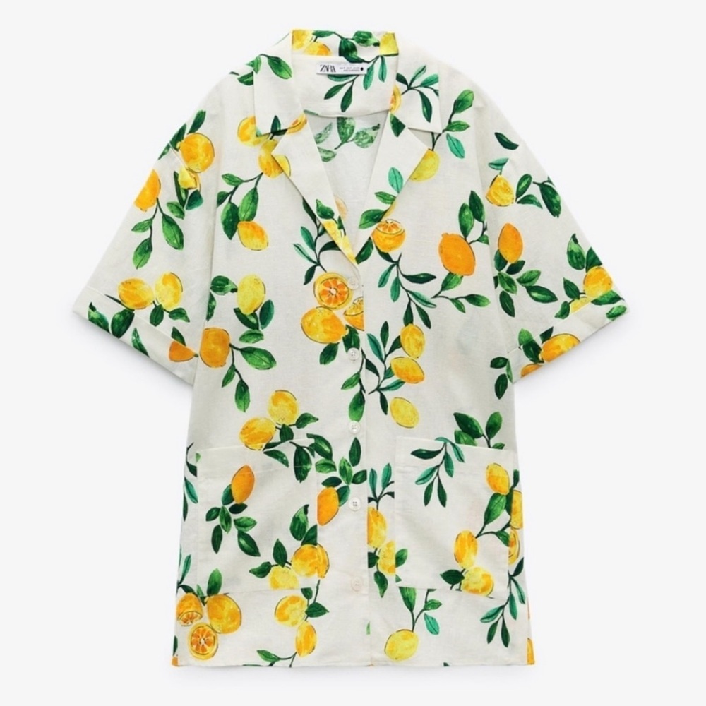 Zara Linen Lemons and Oranges Oversized Shirt XS but fits like Medium